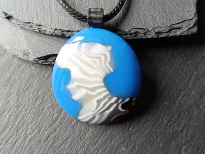Blue and White Swirl Handmade Fused Glass Pendant with Necklace, Handmade Artisan Jewellery