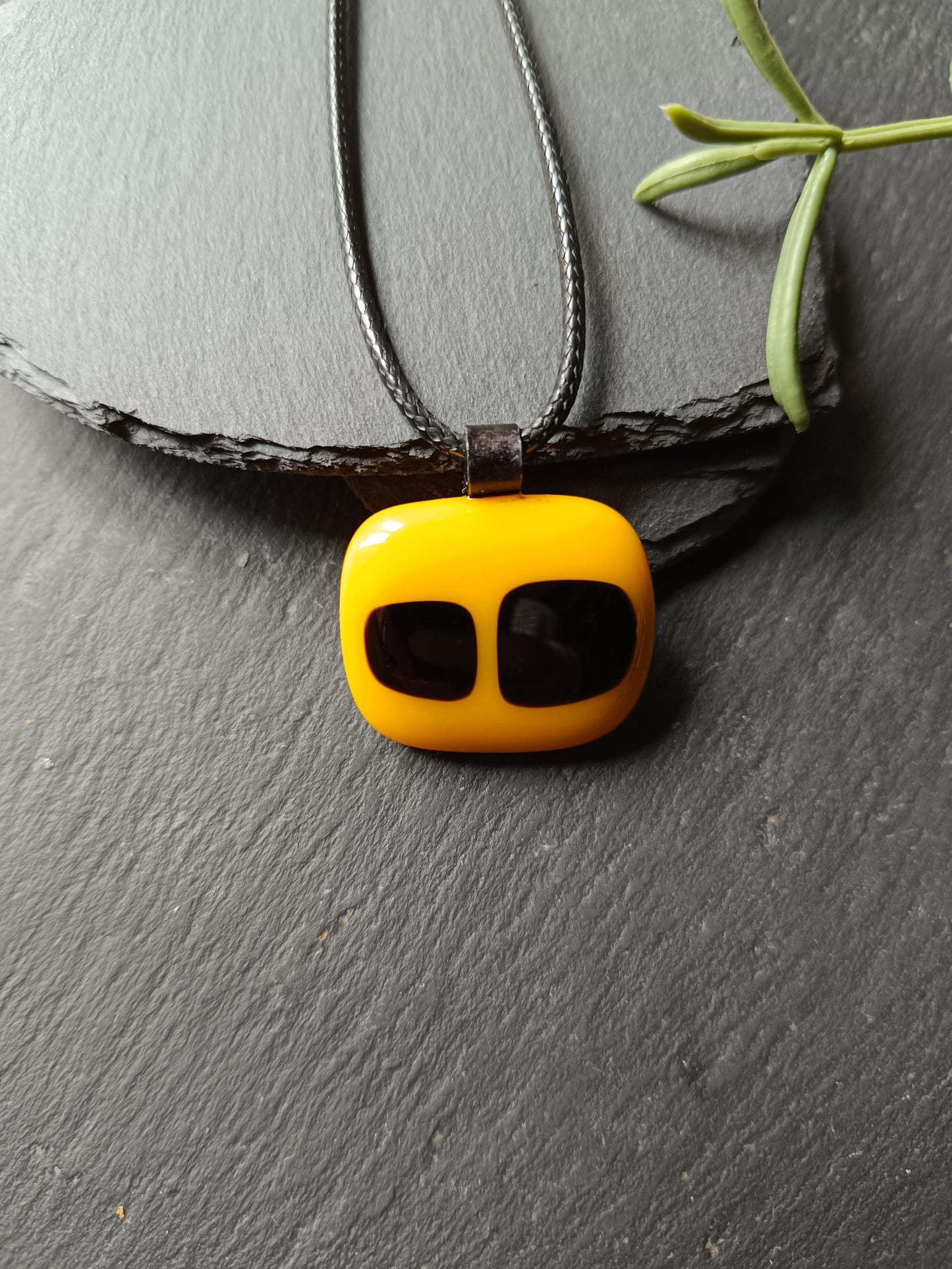 Yellow and Black Fused Glass Pendant with cord necklace, gender-neutral handmade jewellery