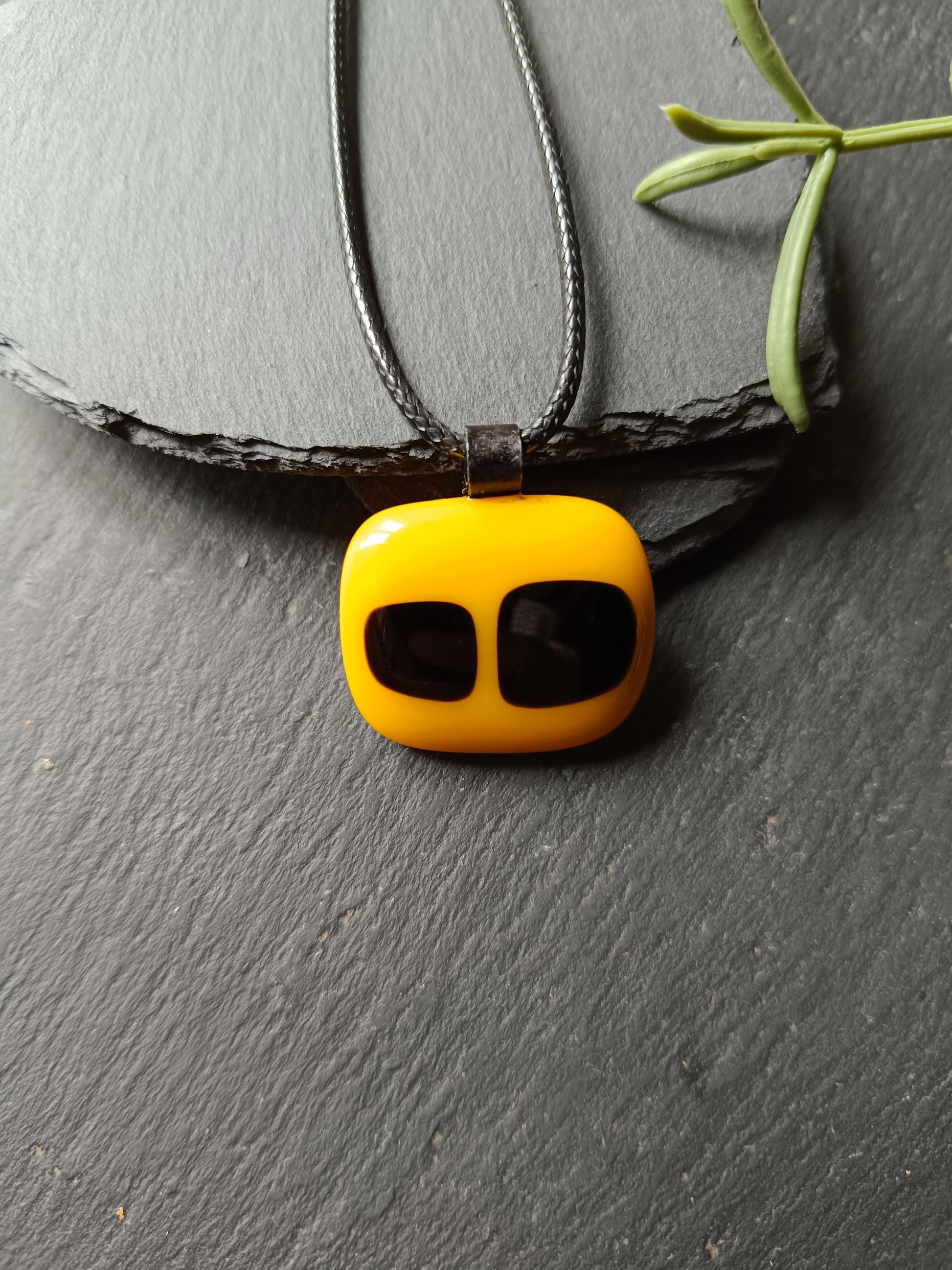Yellow and Black Fused Glass Pendant with cord necklace, gender-neutral handmade jewellery