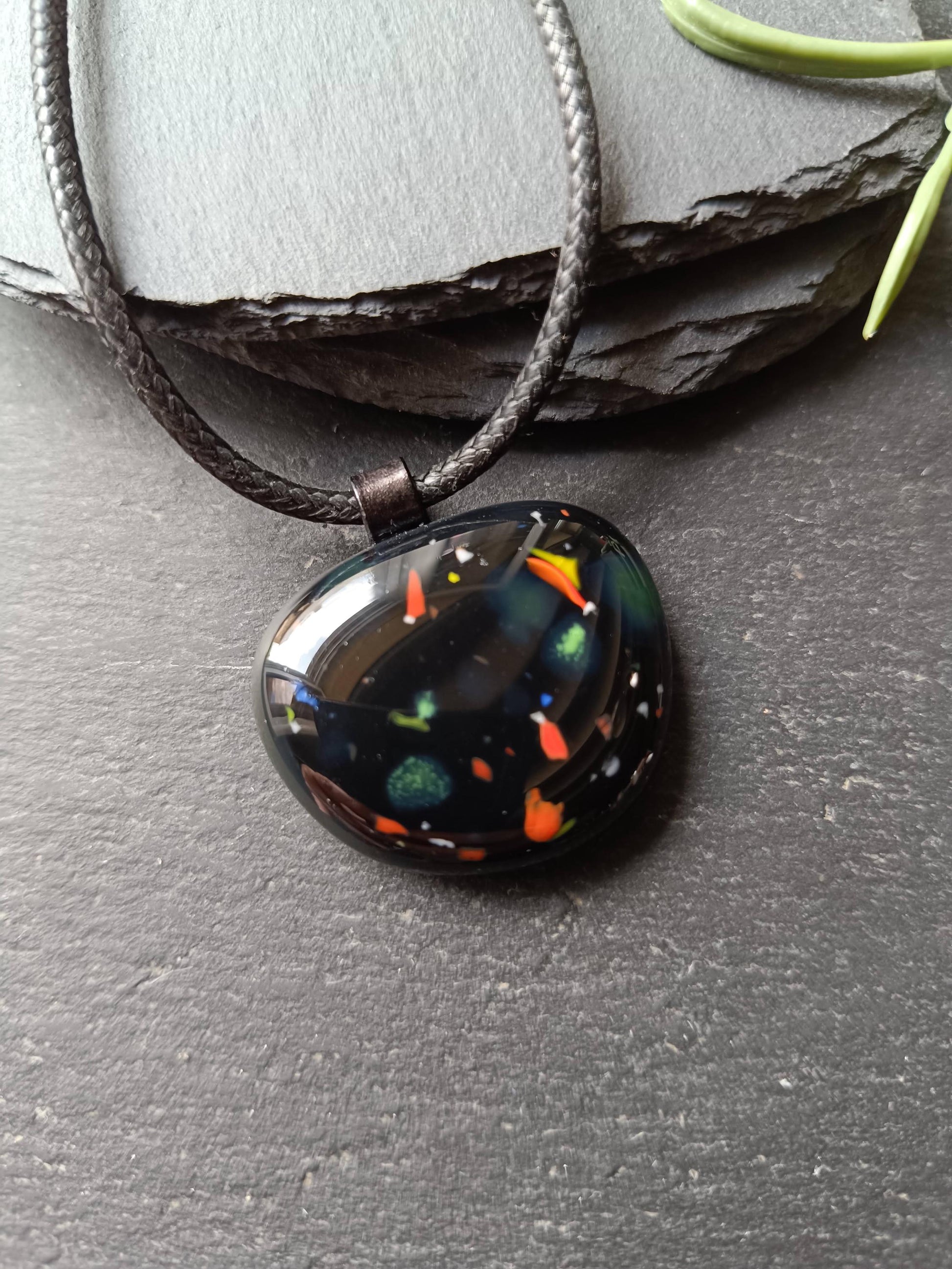 Speckled black glass necklace pendant, handmade jewelry created from an old marble - BlixxiCreations