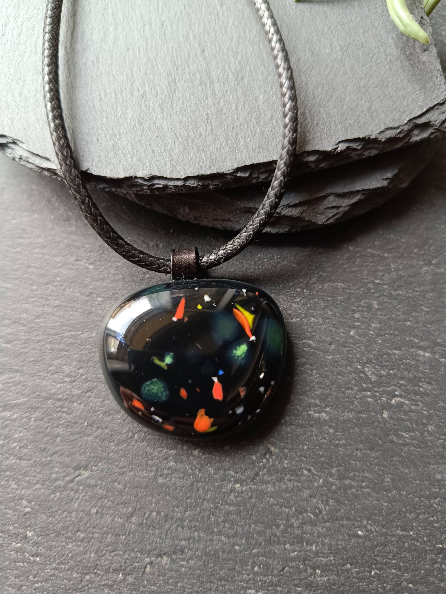 Speckled black glass necklace pendant, handmade jewelry created from an old marble - BlixxiCreations