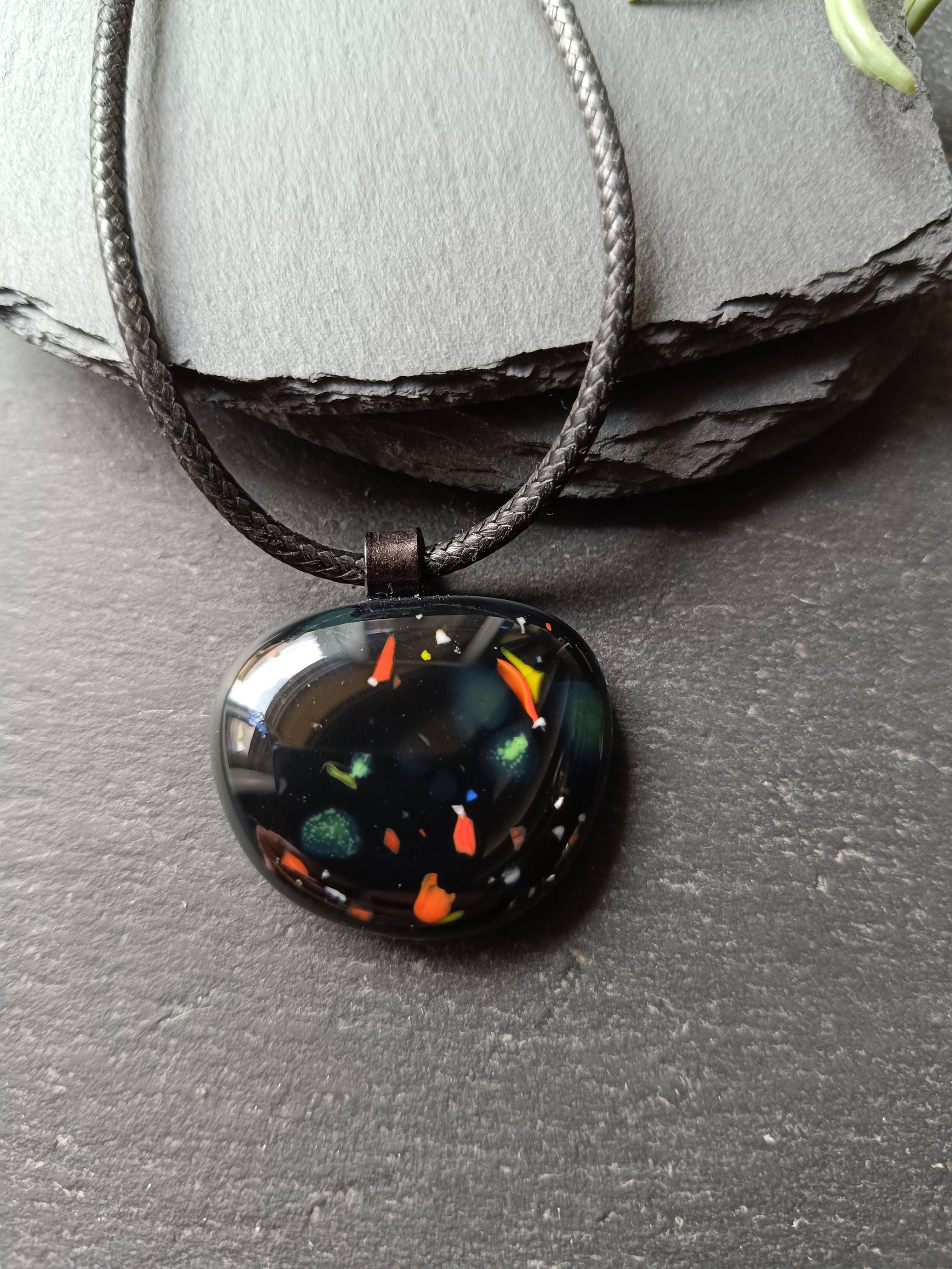 Speckled black glass necklace pendant, handmade jewelry created from an old marble - BlixxiCreations