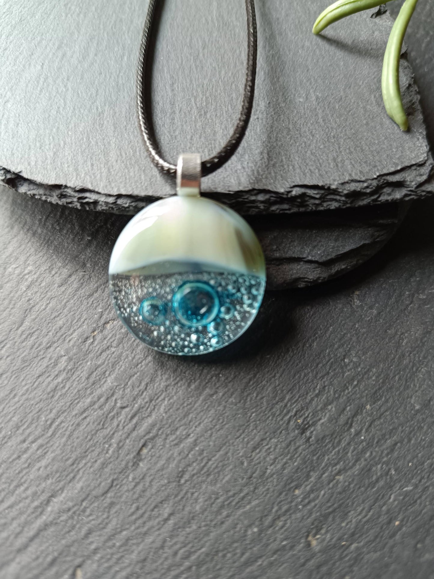 Blue bubble necklace: round fused glass pendant with aqua gradient and bubbles on a silver chain; one-of-a-kind handmade jewellery.