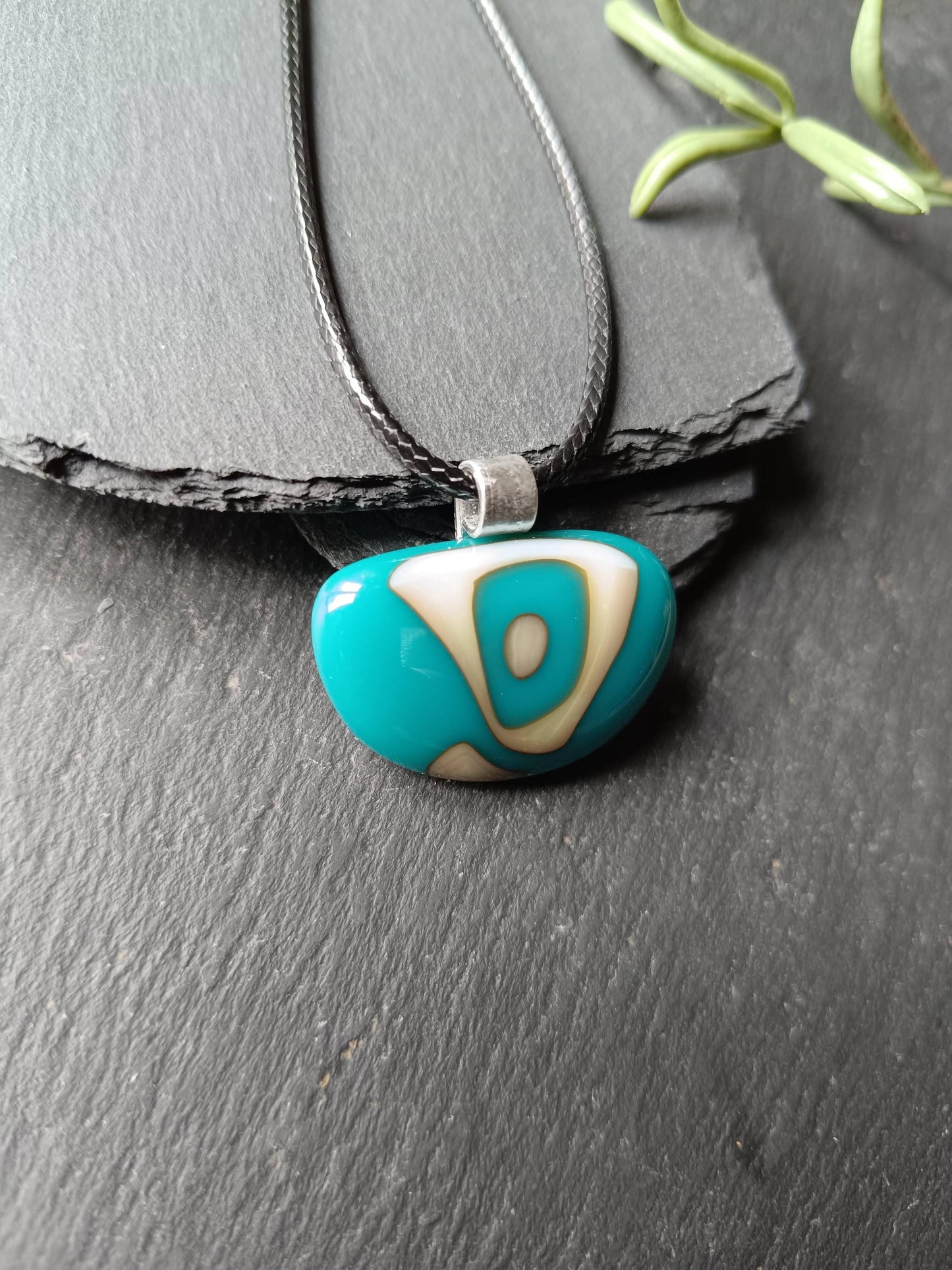 Turquoise and vanilla fused glass pendant necklace, unique handmade jewellery, easy to mail gift
