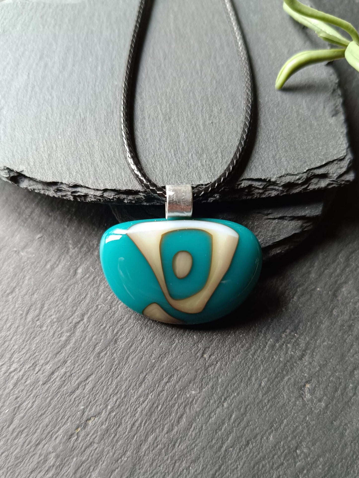 Turquoise and vanilla fused glass pendant necklace, unique handmade jewellery, easy to mail gift