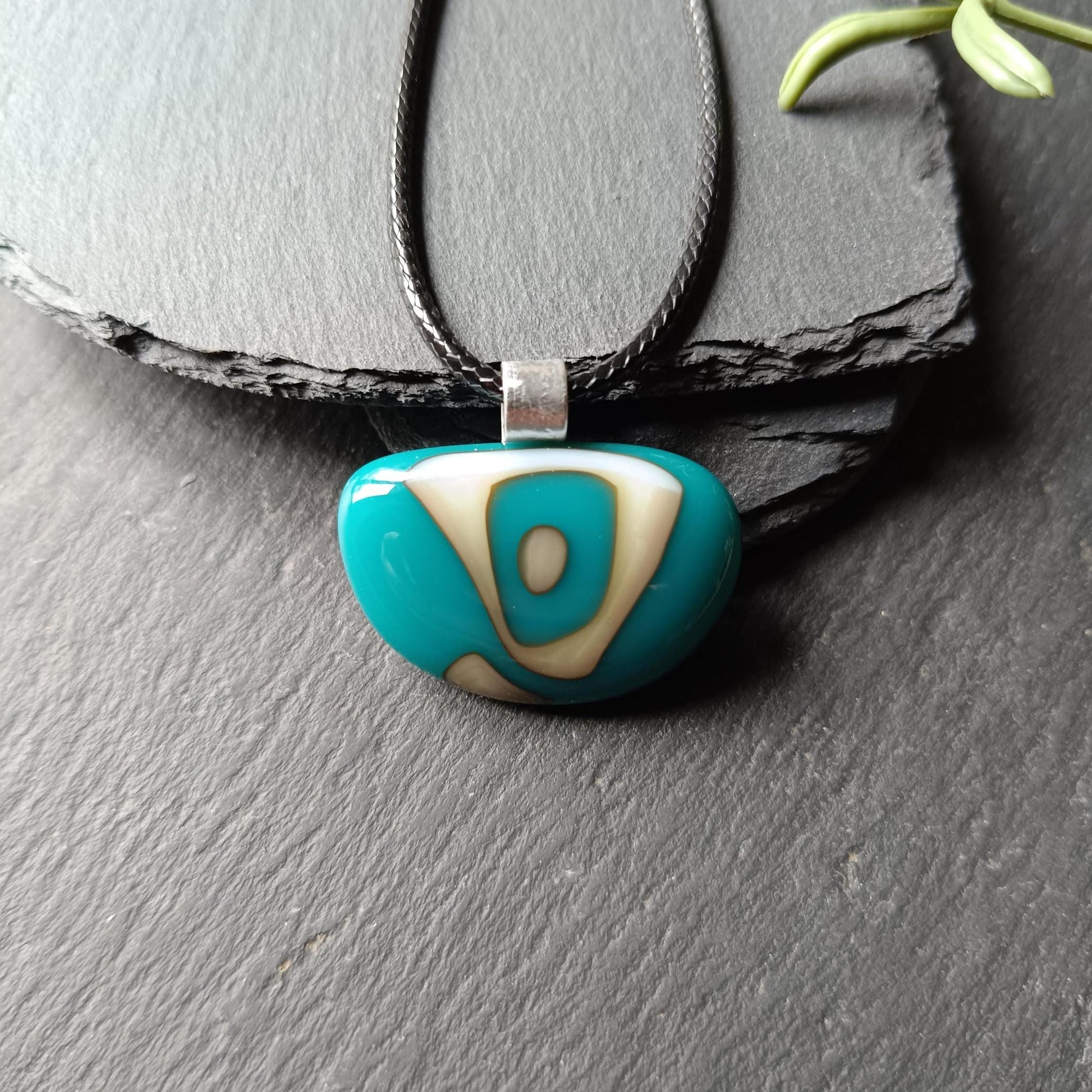 Turquoise and vanilla fused glass pendant necklace, unique handmade jewellery, easy to mail gift