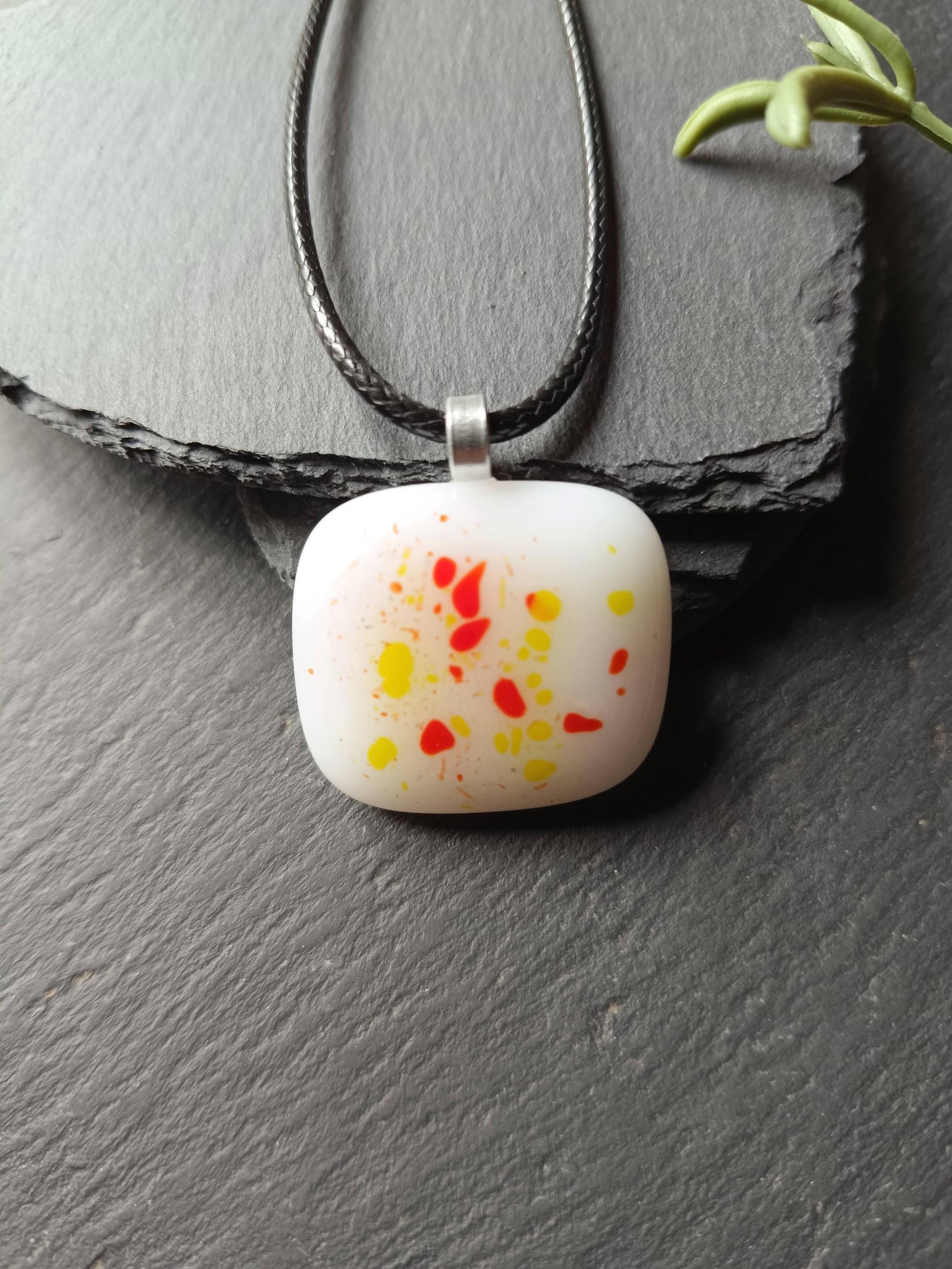 White speckled fused glass pendant necklace, unique handmade jewellery - BlixxiCreations