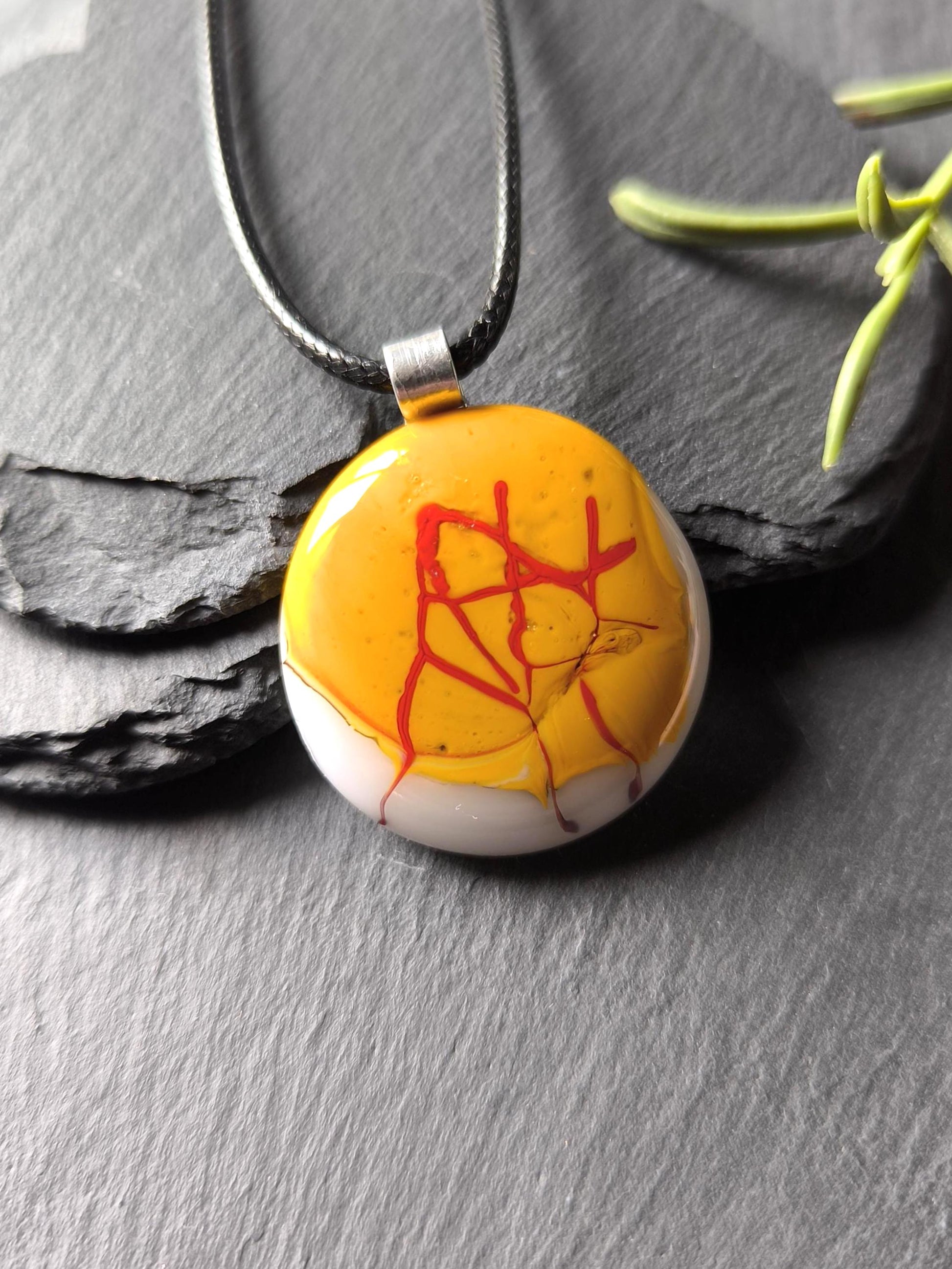Handmade mustard yellow fused glass pendant with cord necklace, grunge pendant, unique wearable art, gender-neutral, easy to mail gift