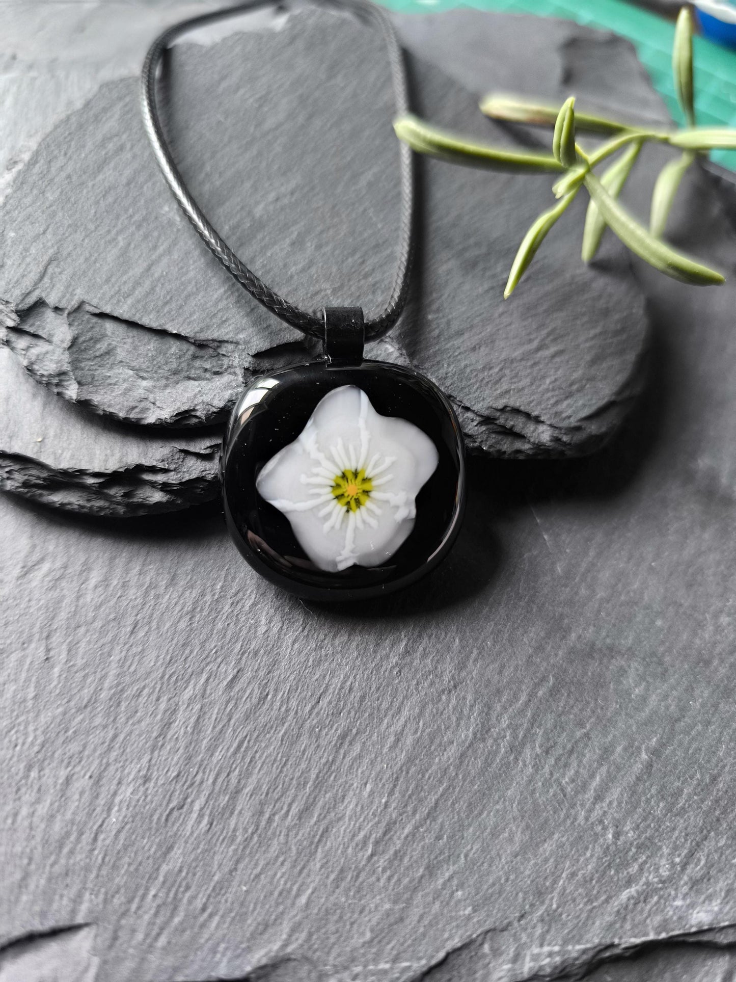 Handmade black flower fused glass pendant with necklace, gift for her, letterbox gift, handcrafted jewellery, funky, eclectic birthday gift