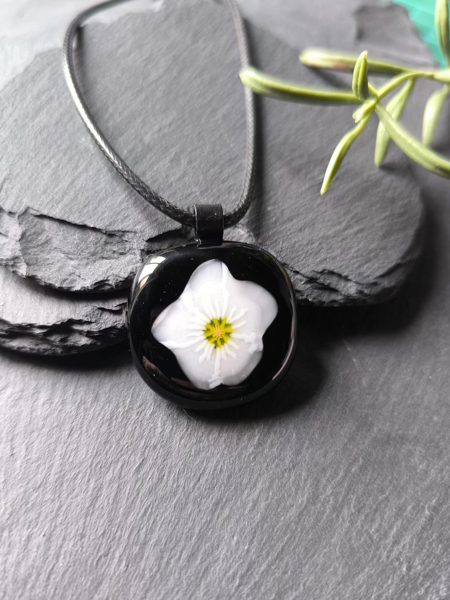 Handmade black flower fused glass pendant with necklace, gift for her, letterbox gift, handcrafted jewellery, funky, eclectic birthday gift