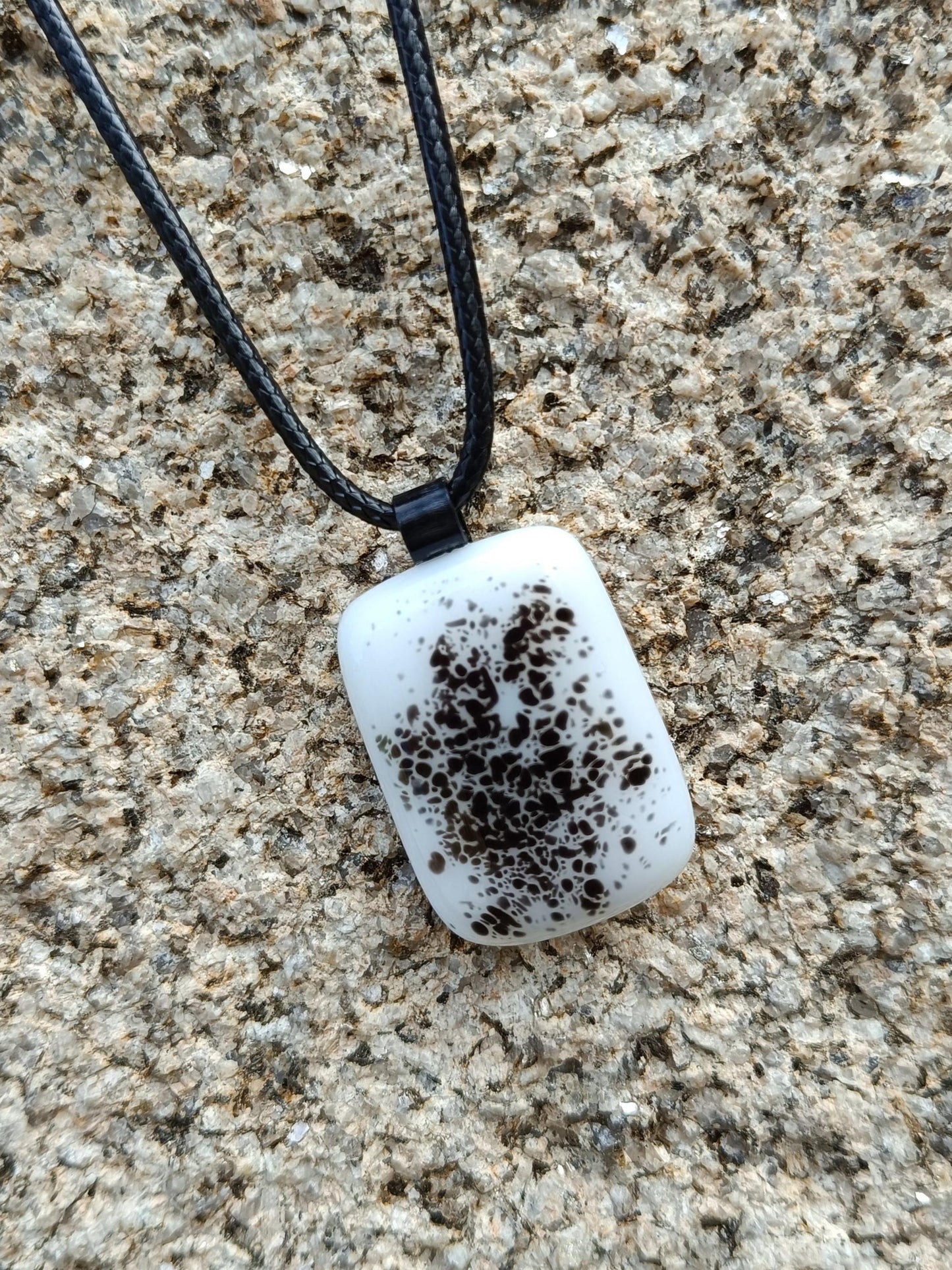 Handmade boho grungy black and white fused glass pendant necklace, birthday gift, jewelry for man or woman, teenage gift