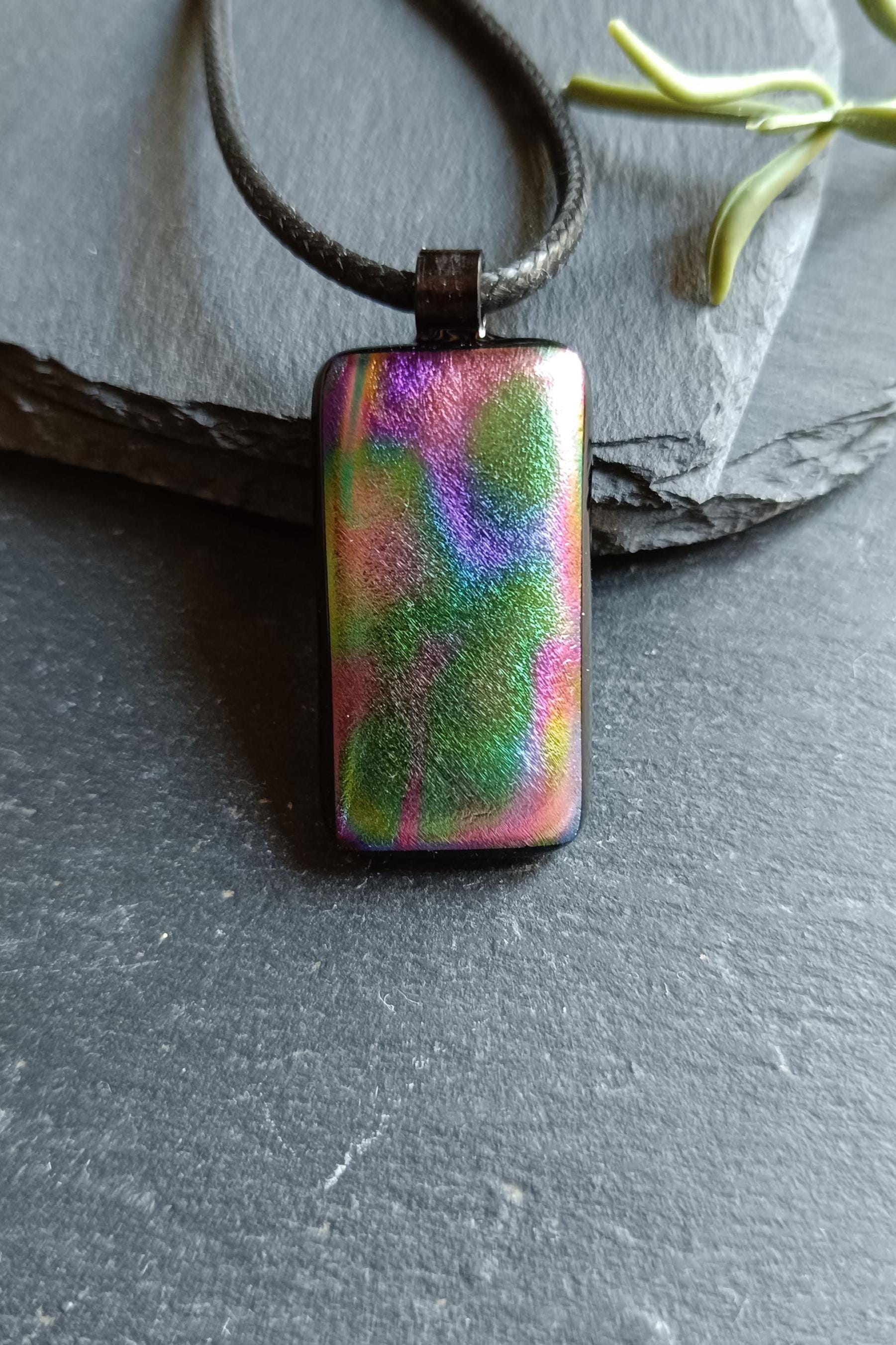 Dichroic fused glass pendant on black cord necklace; rainbow necklace with iridescent hues; artisan handmade jewellery gift.