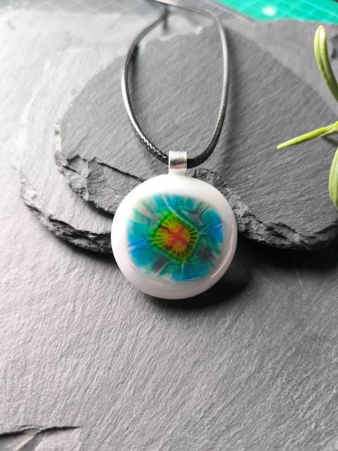 Multicoloured Handmade Flower inspired Fused Glass Pendant Necklace - Festival Jewellery - Gift for her, Easy to Mail Gift