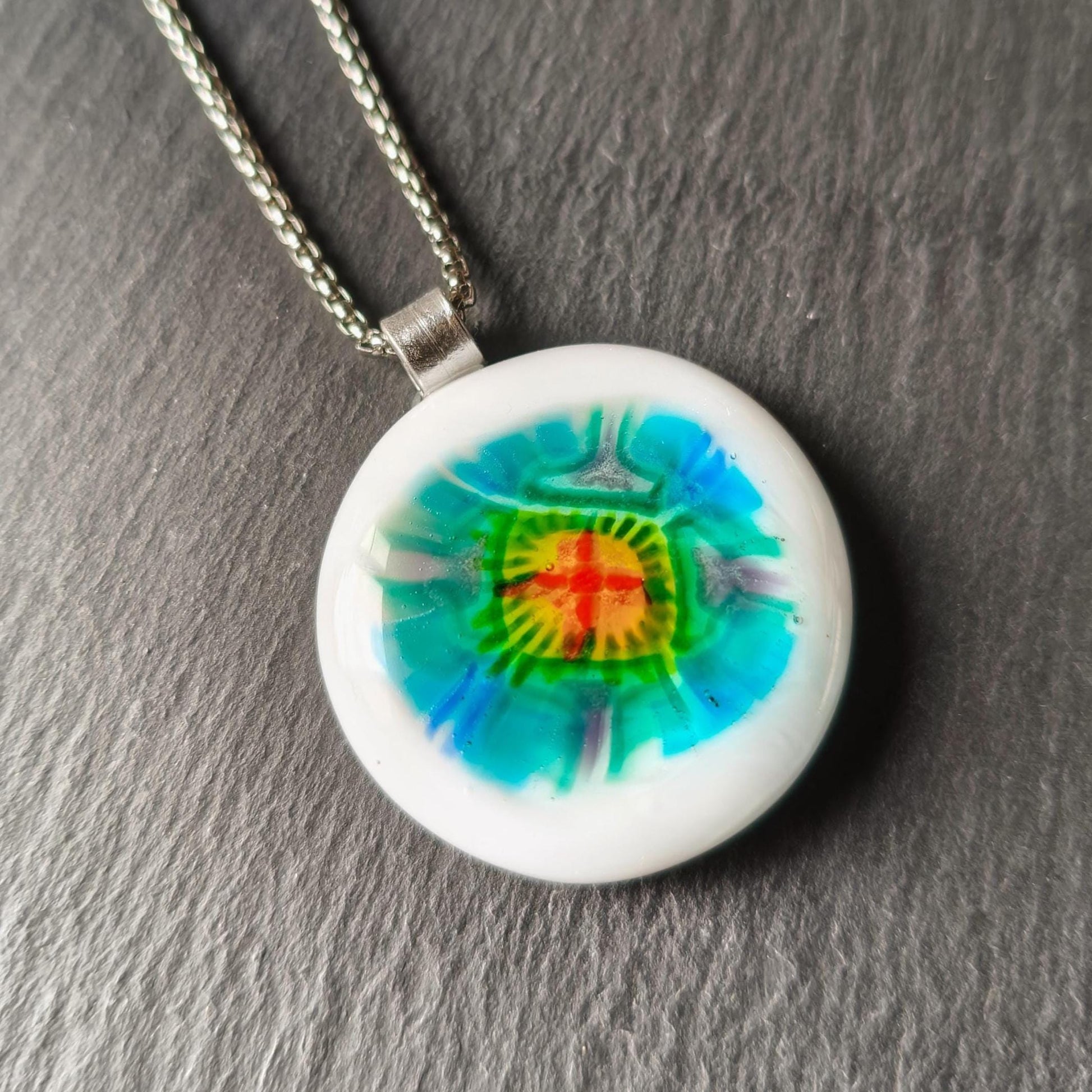 Multicoloured Handmade Flower inspired Fused Glass Pendant Necklace - Festival Jewellery - Gift for her, Easy to Mail Gift