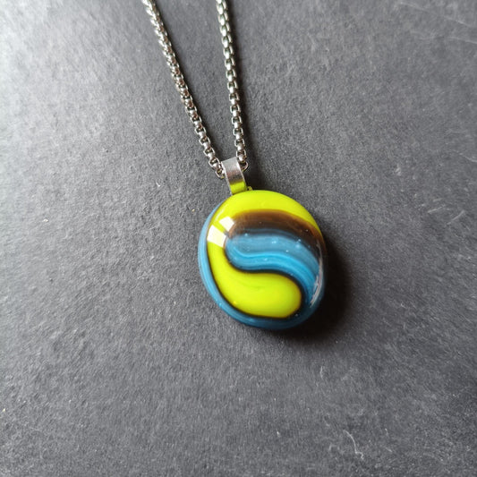 Handcrafted green and blue glass necklace pendant, melted marble creation, gender-neutral gift, small birthday gift, easy to mail