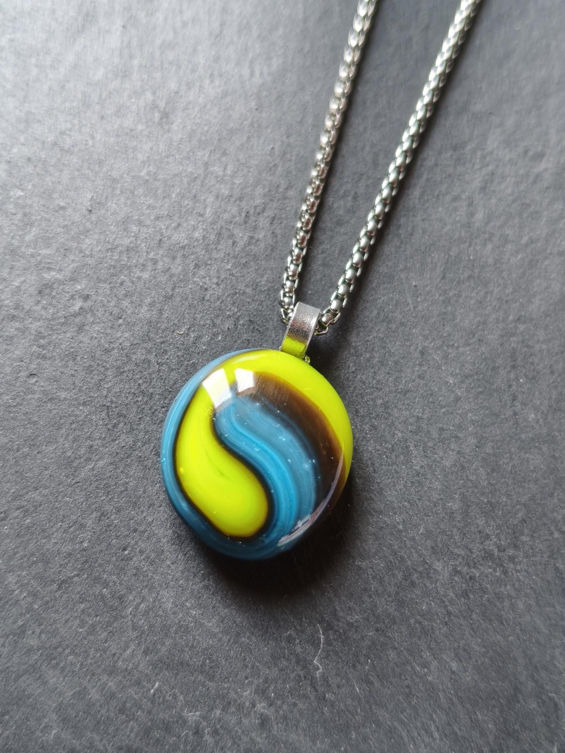 Handcrafted green and blue glass necklace pendant, melted marble creation, gender-neutral gift, small birthday gift, easy to mail
