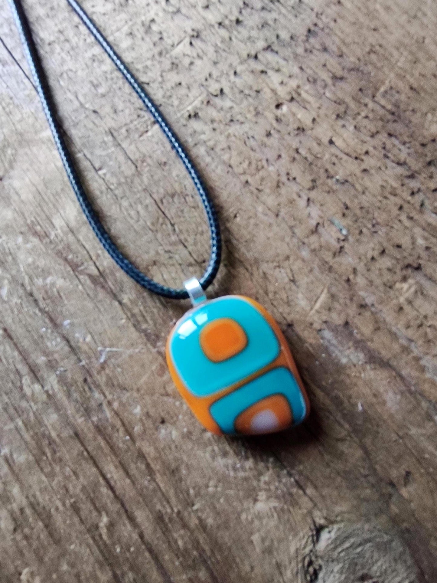 Turquoise and orange abstract necklace, fused glass pendant, summer jewelry, idea for festivals, easy to mail birthday gift