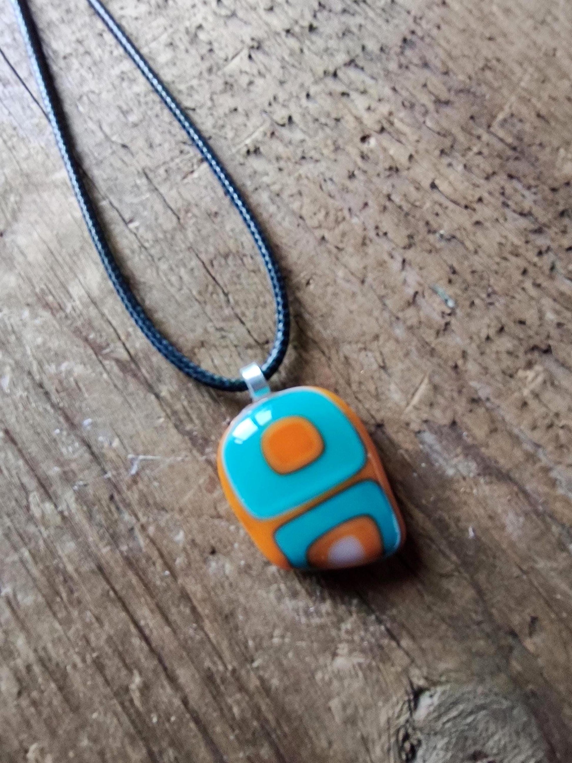 Turquoise and orange abstract necklace, fused glass pendant, summer jewelry, idea for festivals, easy to mail birthday gift