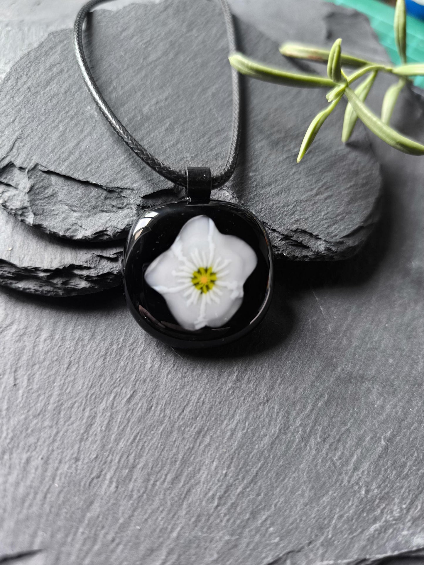 Handmade black flower fused glass pendant with necklace, gift for her, letterbox gift, handcrafted jewellery, funky, eclectic birthday gift