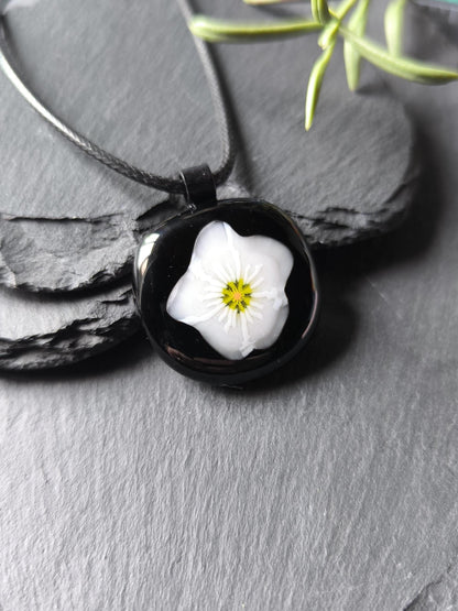 Handmade black flower fused glass pendant with necklace, gift for her, letterbox gift, handcrafted jewellery, funky, eclectic birthday gift