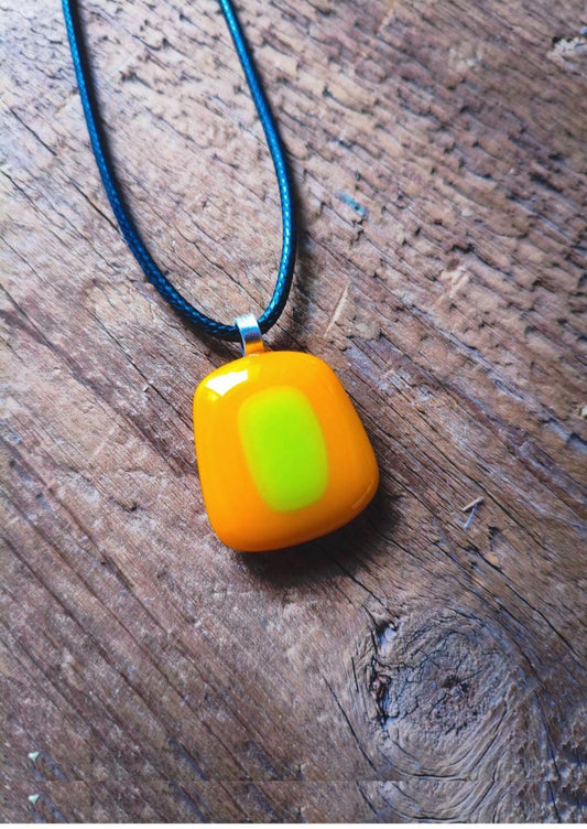 Unique orange summer vibrant fused glass pendant necklace