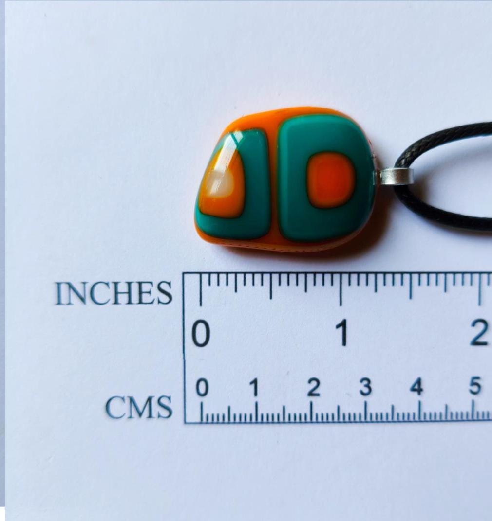 Turquoise and orange abstract necklace, fused glass pendant, summer jewelry, idea for festivals, easy to mail birthday gift