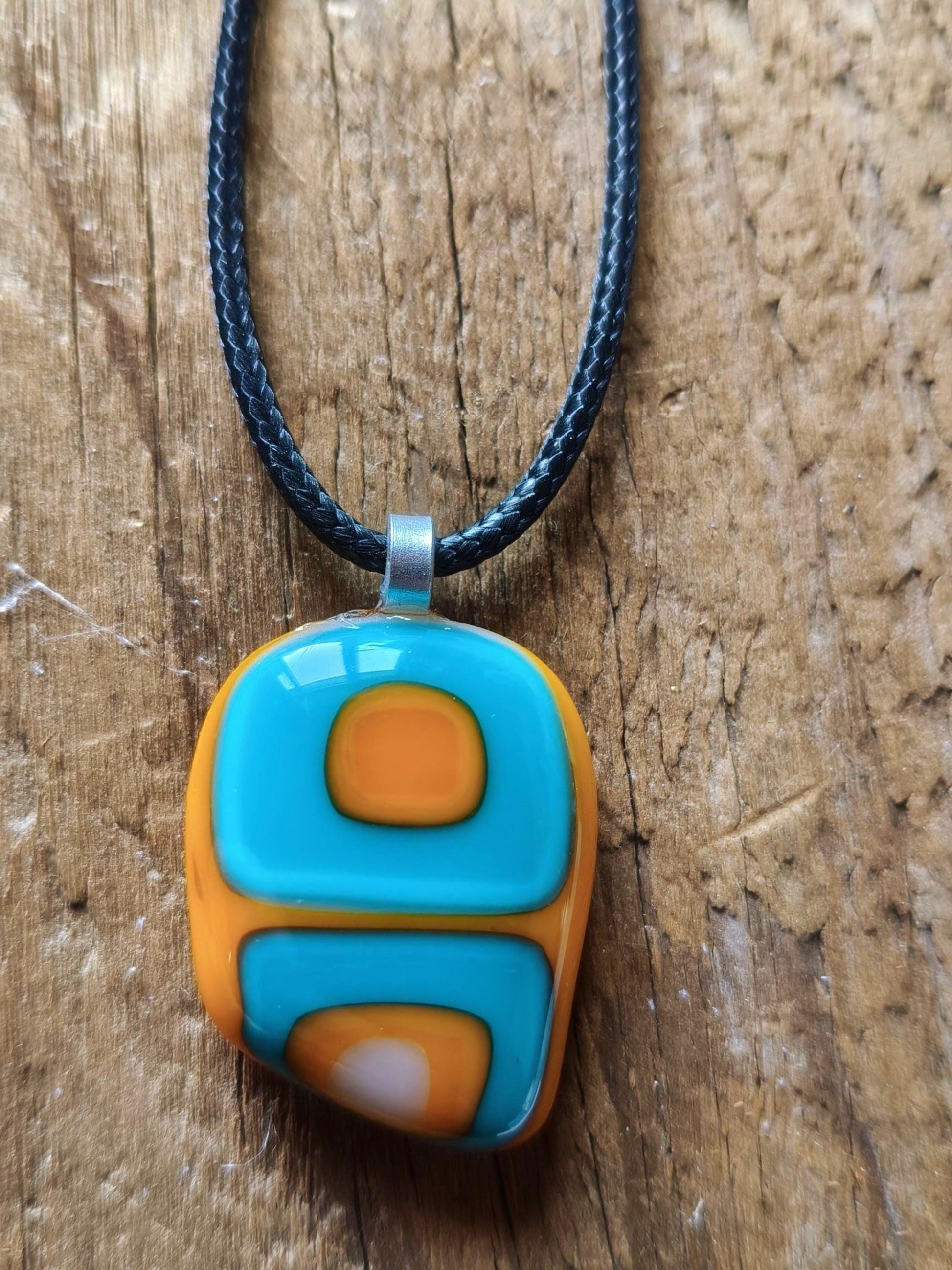 Turquoise and orange abstract necklace, fused glass pendant, summer jewelry, idea for festivals, easy to mail birthday gift