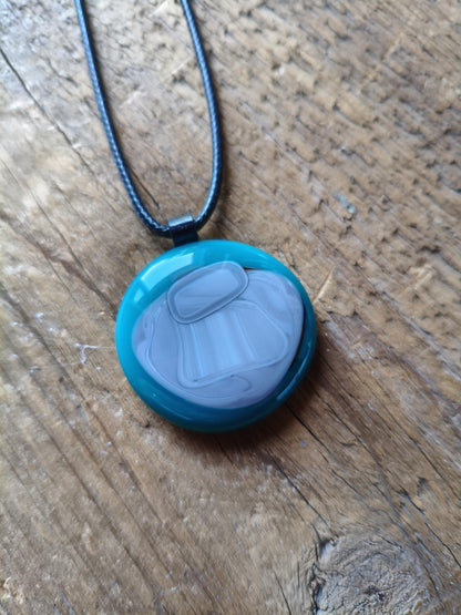 Large turquoise handmade one off glass statement piece pendant with cord necklace