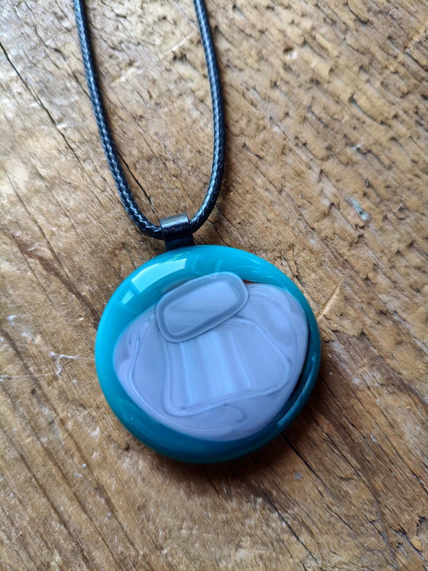 Large turquoise handmade one off glass statement piece pendant with cord necklace