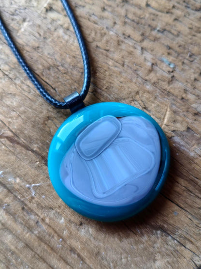 Large turquoise handmade one off glass statement piece pendant with cord necklace