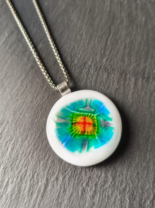 Multicoloured Handmade Flower inspired Fused Glass Pendant Necklace - Festival Jewellery - Gift for her, Easy to Mail Gift
