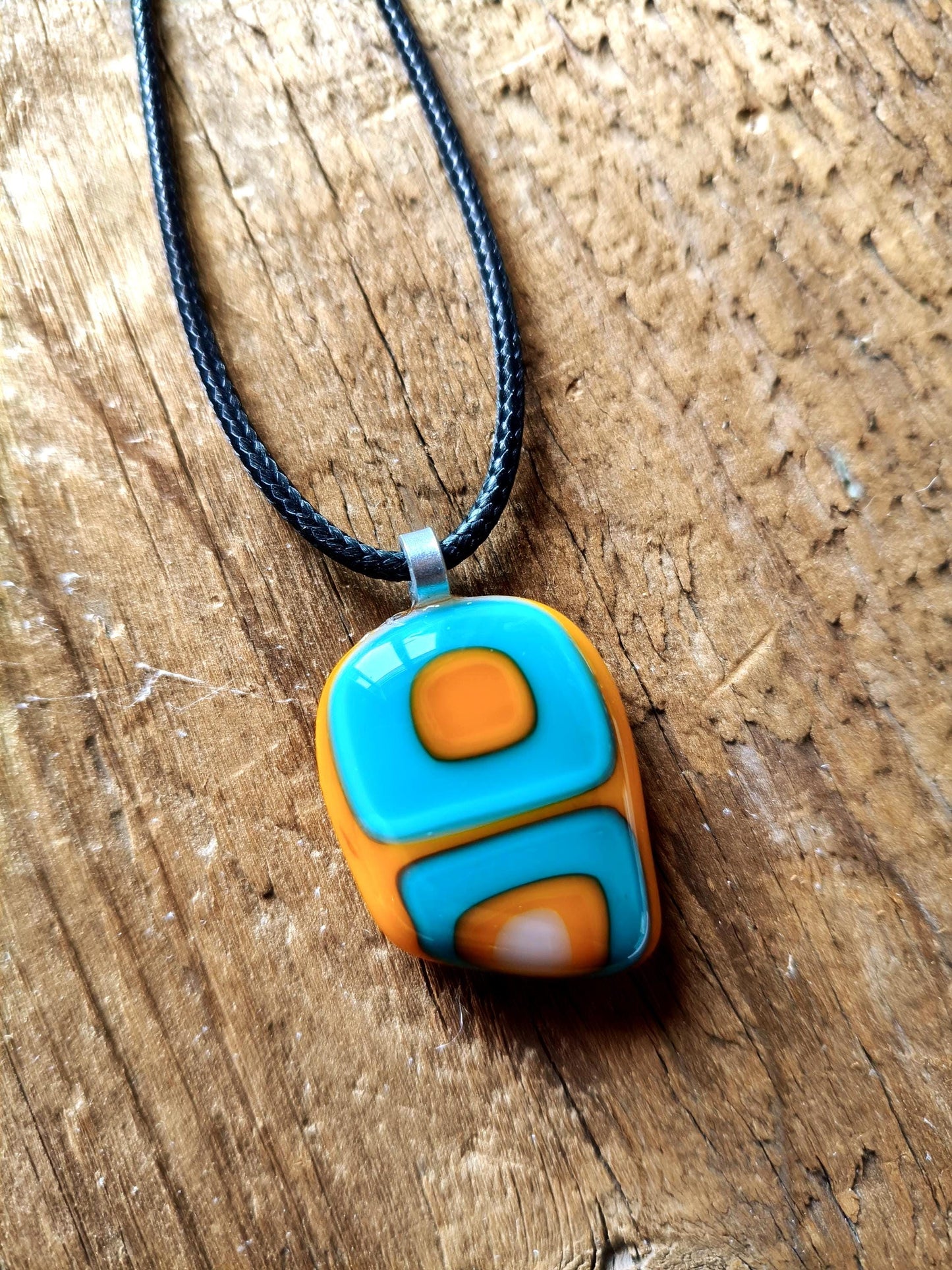 Turquoise and orange abstract necklace, fused glass pendant, summer jewelry, idea for festivals, easy to mail birthday gift