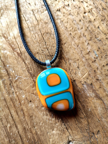 Turquoise and orange abstract necklace, fused glass pendant, summer jewelry, idea for festivals, easy to mail birthday gift