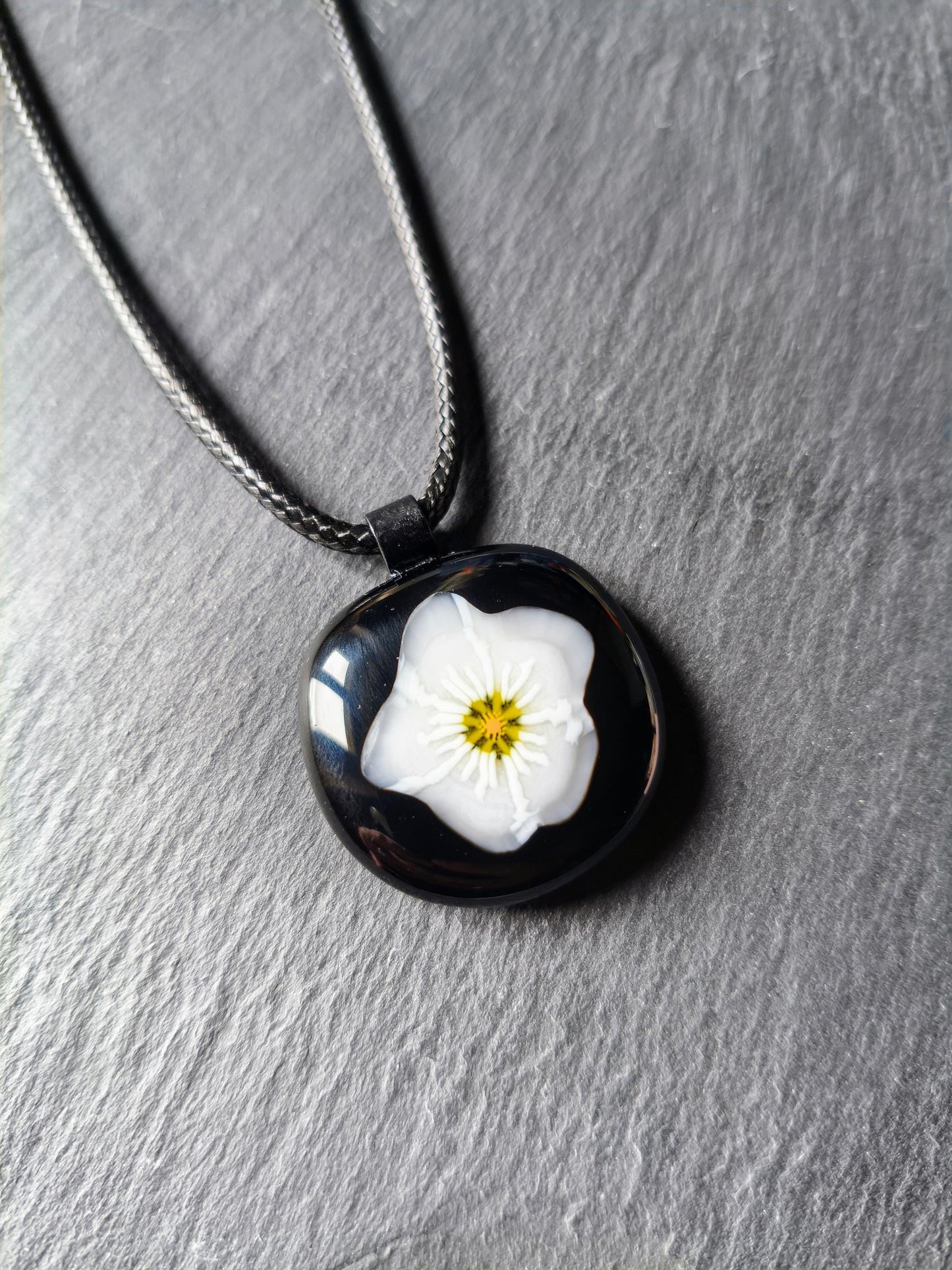 Handmade black flower fused glass pendant with necklace, gift for her, letterbox gift, handcrafted jewellery, funky, eclectic birthday gift