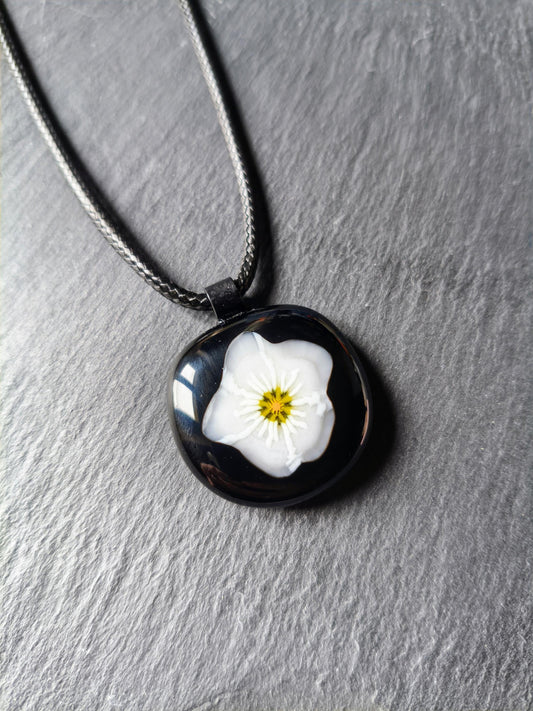 Handmade black flower fused glass pendant with necklace, gift for her, letterbox gift, handcrafted jewellery, funky, eclectic birthday gift