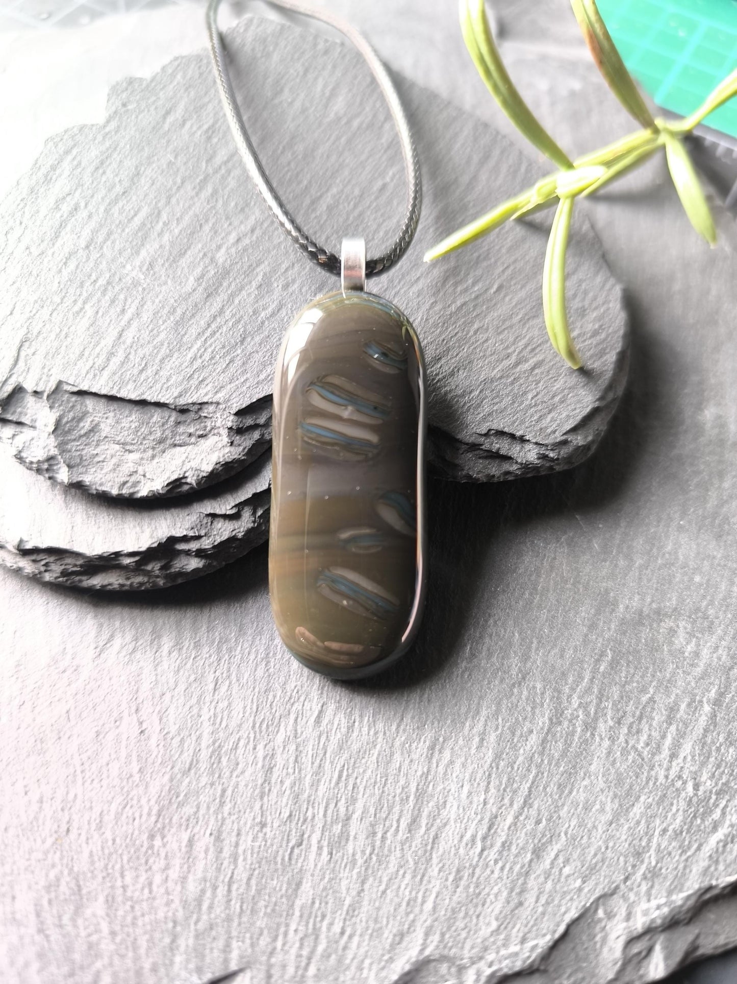 Long Fused Glass Pendant in Natural Tones with Cord Necklace - Gender Neutral Gift, Unique Letterbox Gift