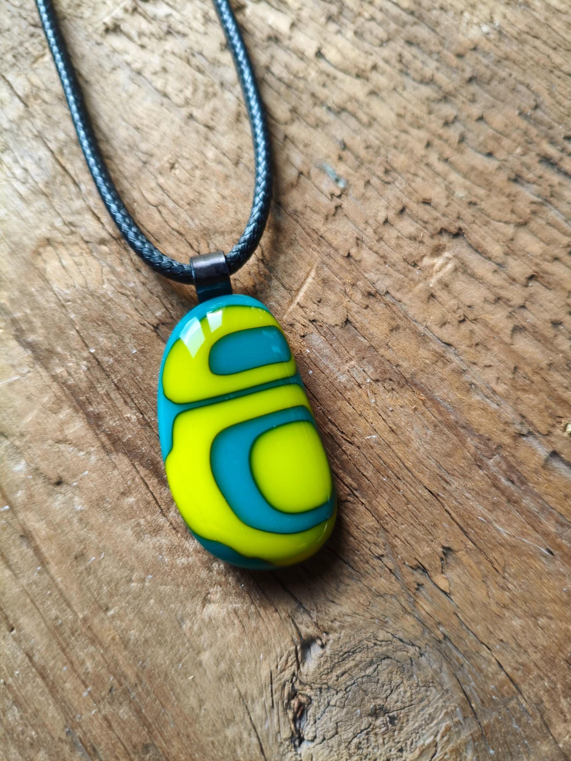Handcrafted turquoise and lime glass abstract pendant necklace with cord necklace