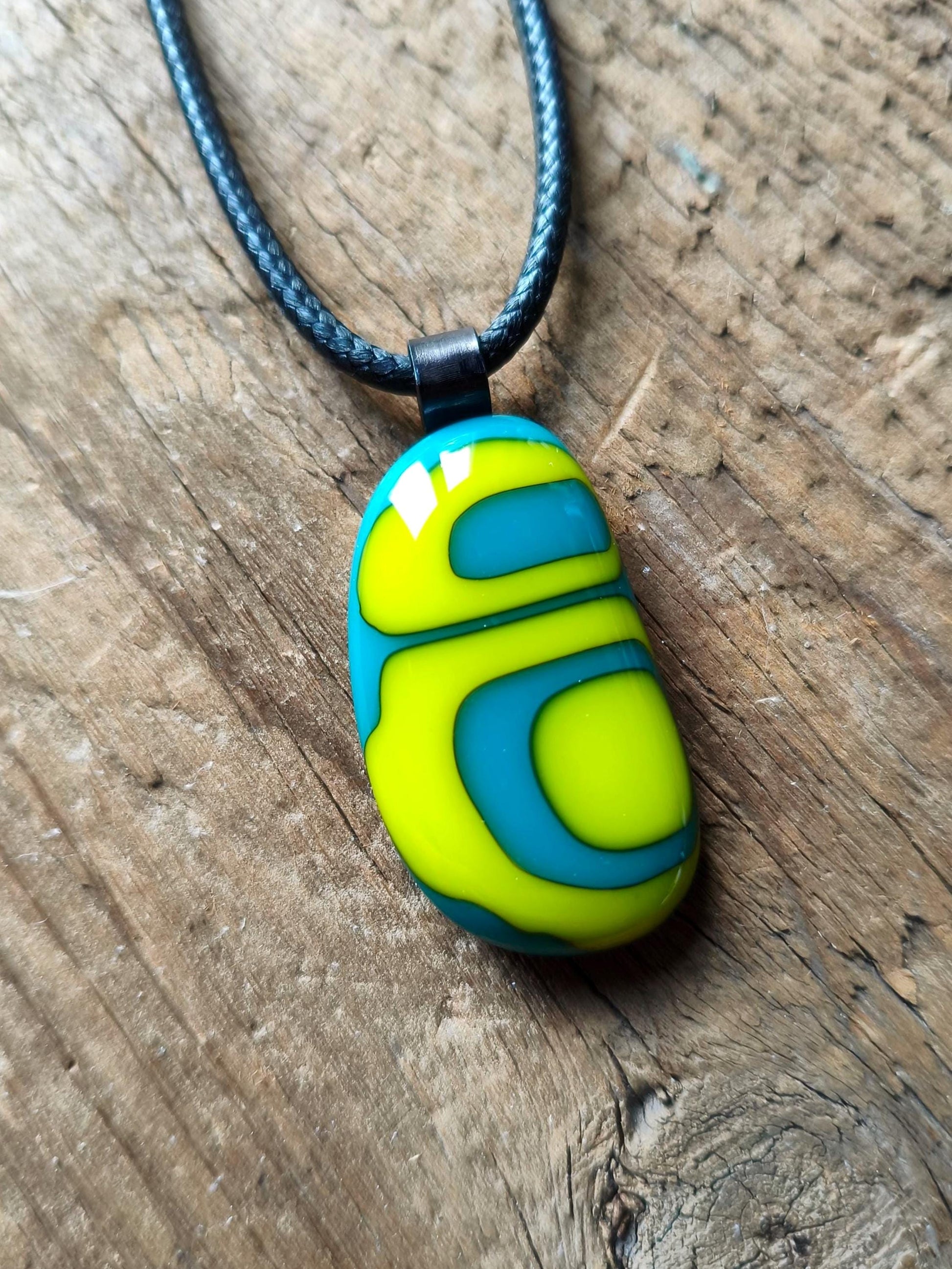Handcrafted turquoise and lime glass abstract pendant necklace with cord necklace