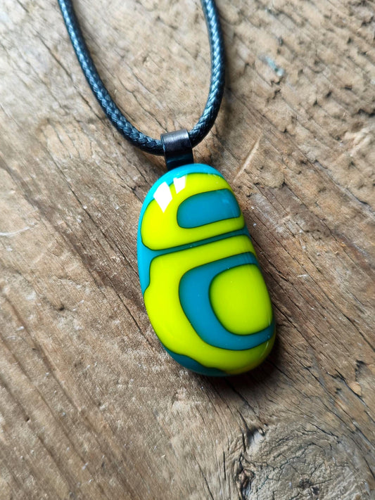 Handcrafted turquoise and lime glass abstract pendant necklace with cord necklace
