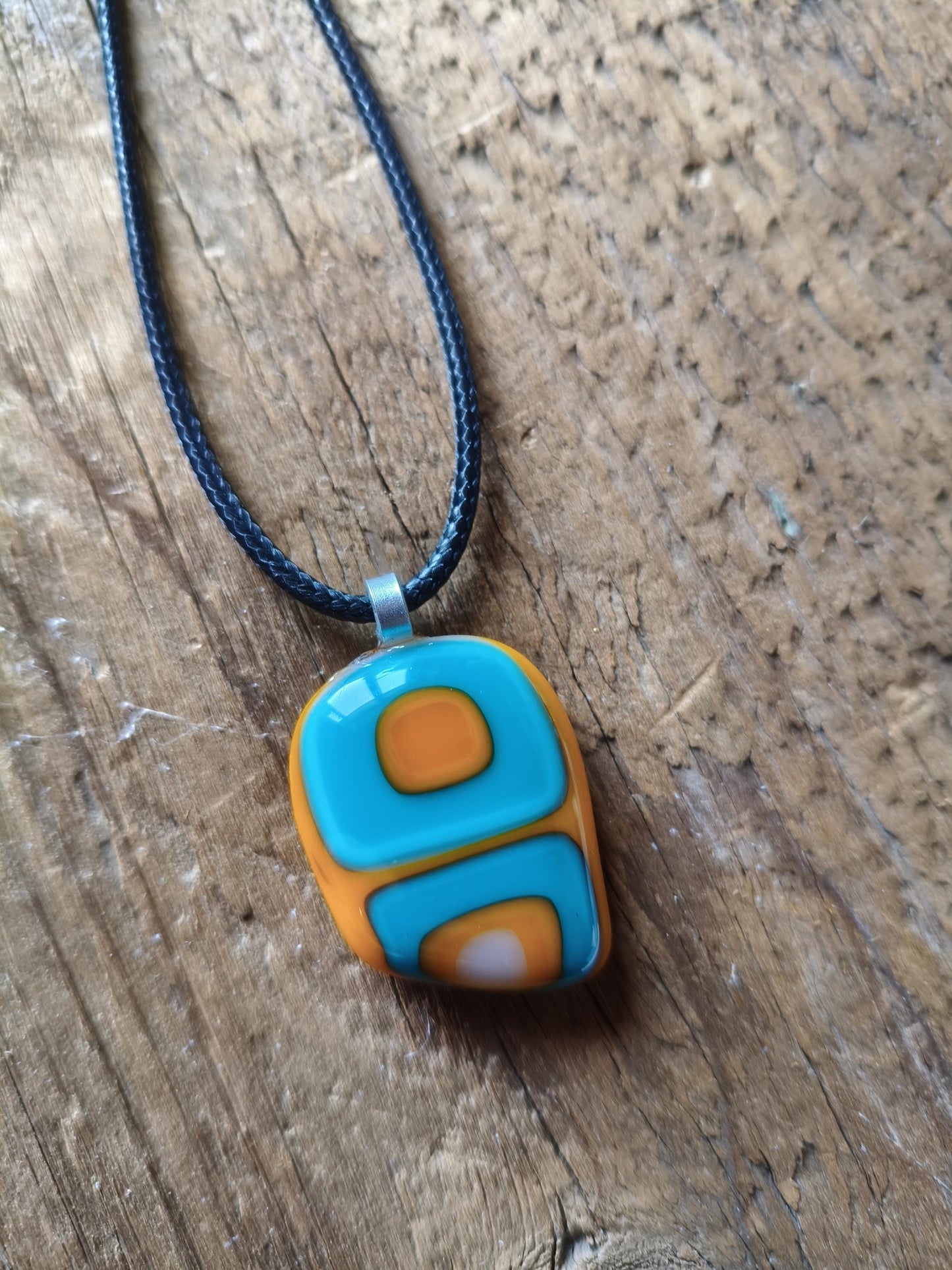 Turquoise and orange abstract necklace, fused glass pendant, summer jewelry, idea for festivals, easy to mail birthday gift