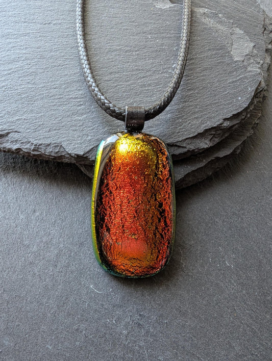 Handcrafted copper orange coloured dichroic fused glass pendant with necklace, statement jewellery, easy to mail gift, best gift for her