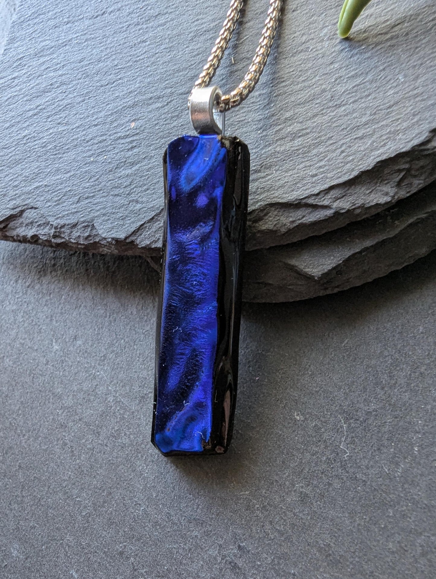 One-of-a-Kind Long Blue Textured Dichroic Glass Pendant Necklace
