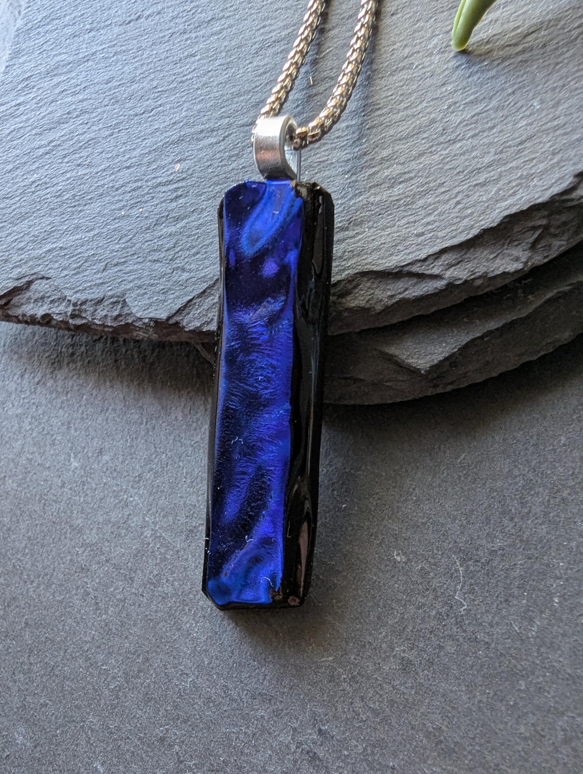 One-of-a-Kind Long Blue Textured Dichroic Glass Pendant Necklace
