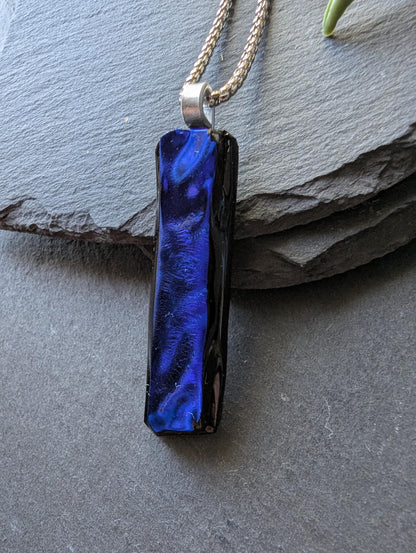 One-of-a-Kind Long Blue Textured Dichroic Glass Pendant Necklace
