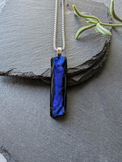 One-of-a-Kind Long Blue Textured Dichroic Glass Pendant Necklace