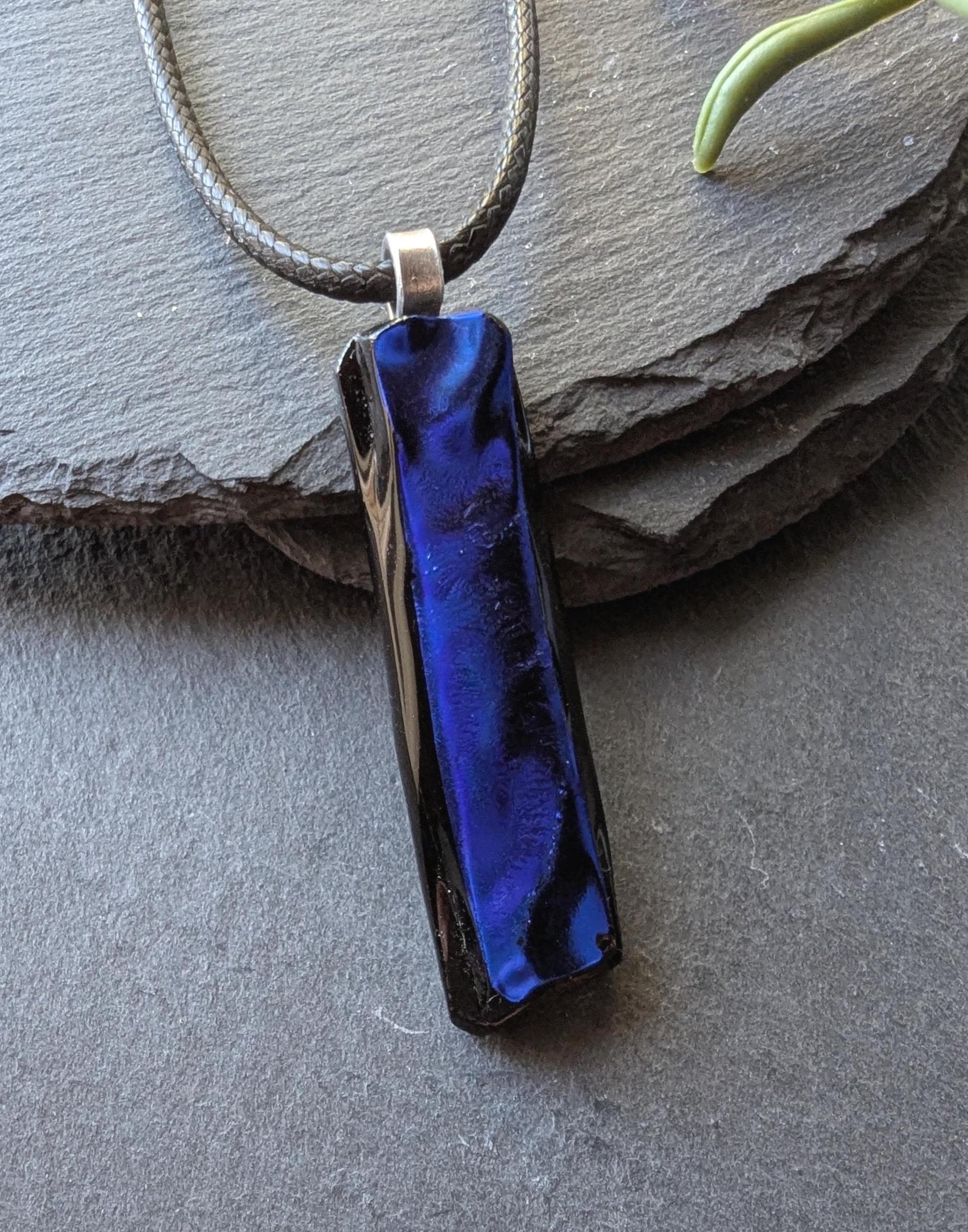 One-of-a-Kind Long Blue Textured Dichroic Glass Pendant Necklace