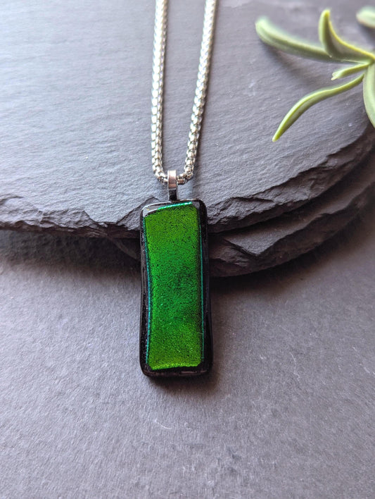 Handcrafted Green Dichroic Glass Pendant with two necklaces