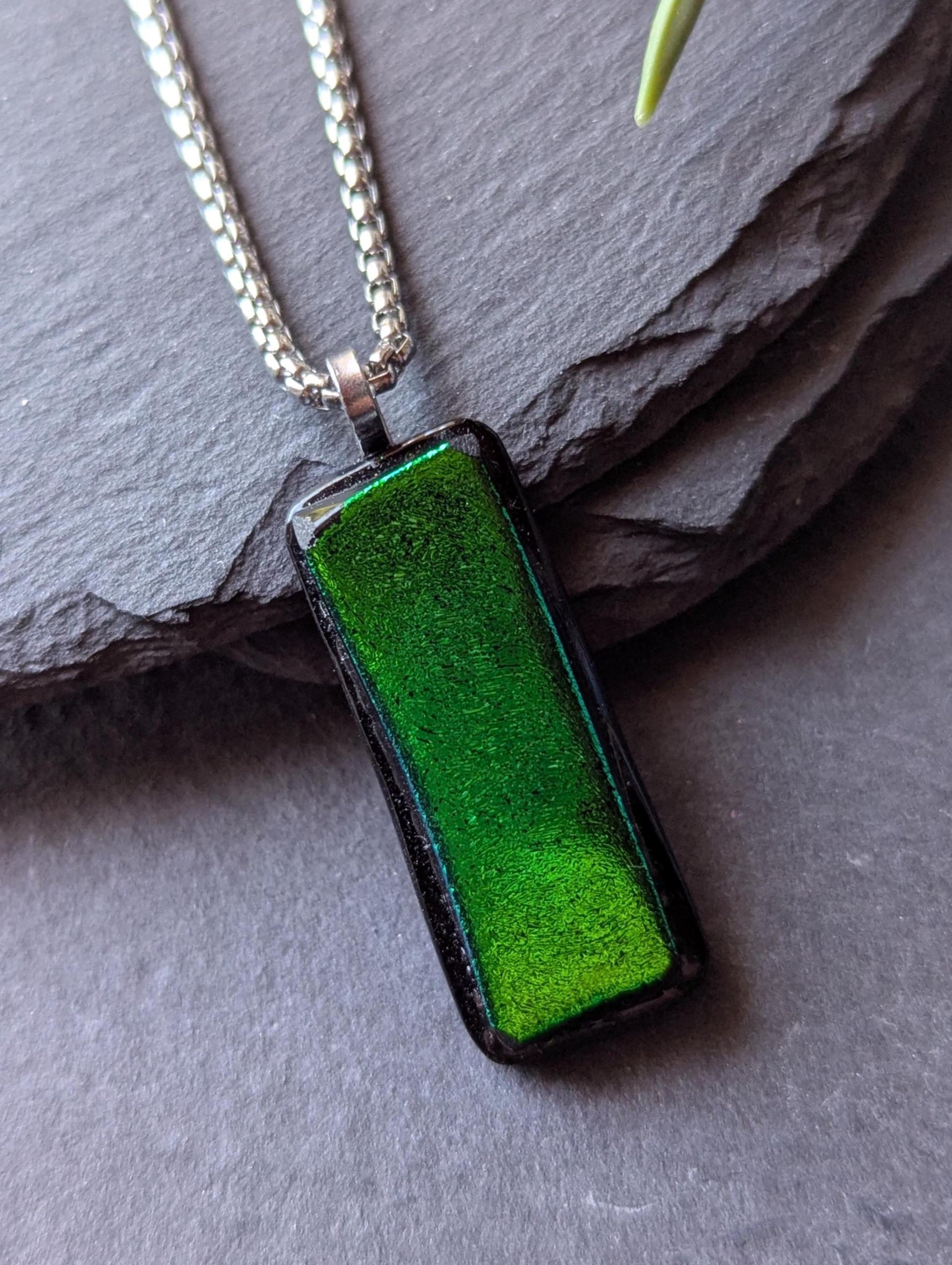 Handcrafted Green Dichroic Glass Pendant with two necklaces