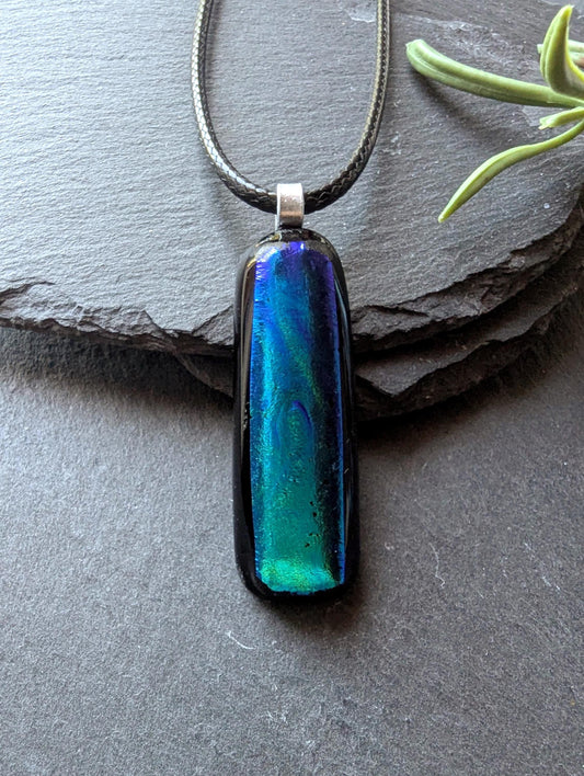 Long Vibrant Blue Turquoise Dichroic Glass Pendant with Necklace