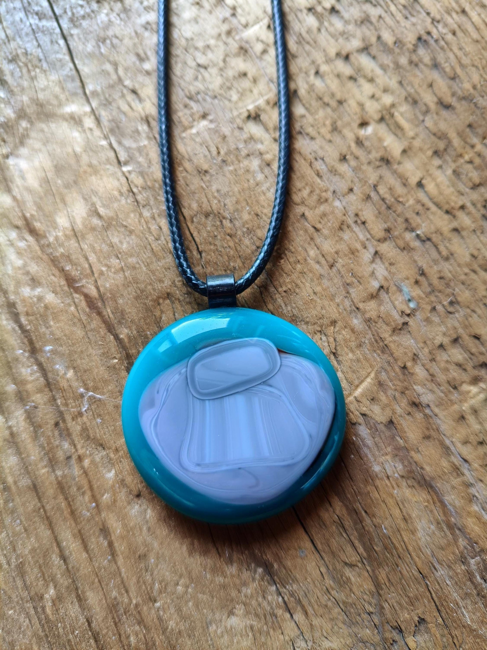 Large turquoise handmade one off glass statement piece pendant with cord necklace